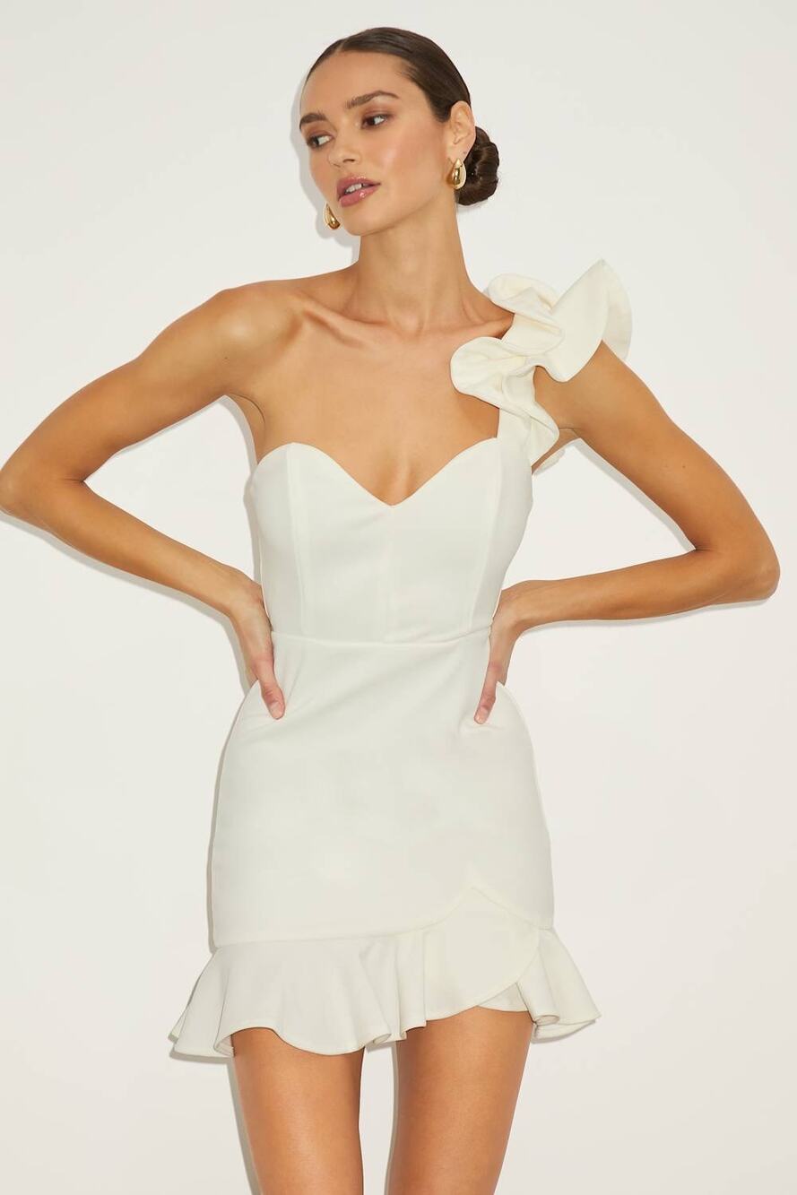 NWT Lulus Captivate Me White One-Shoulder Ruffled Trumpet Mini Dress Party Sz L